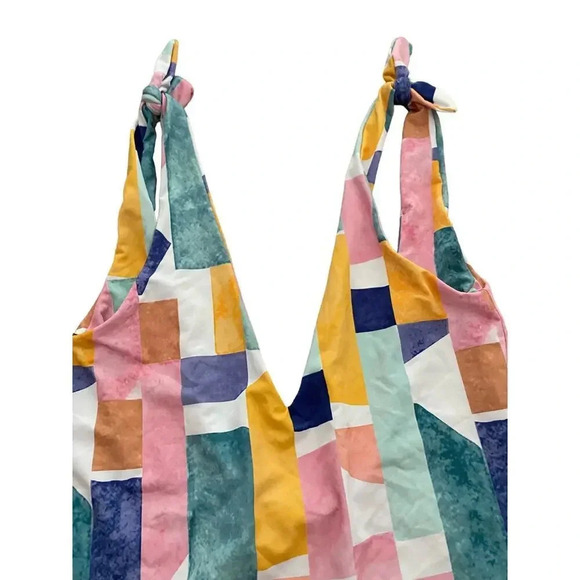 NWT Lulus Make Waves Aqua Multi Print Tie-Strap One-Piece Swimsuit Size Small - Picture 4 of 8